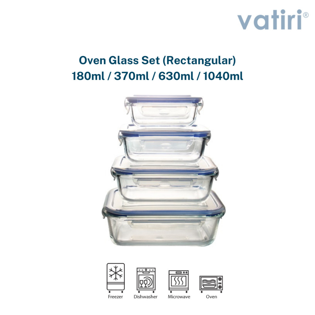 VATIRI - Lunch Box Set Kaca Rectangular Aman Untuk Oven - Food Container MPASI Aesthetic