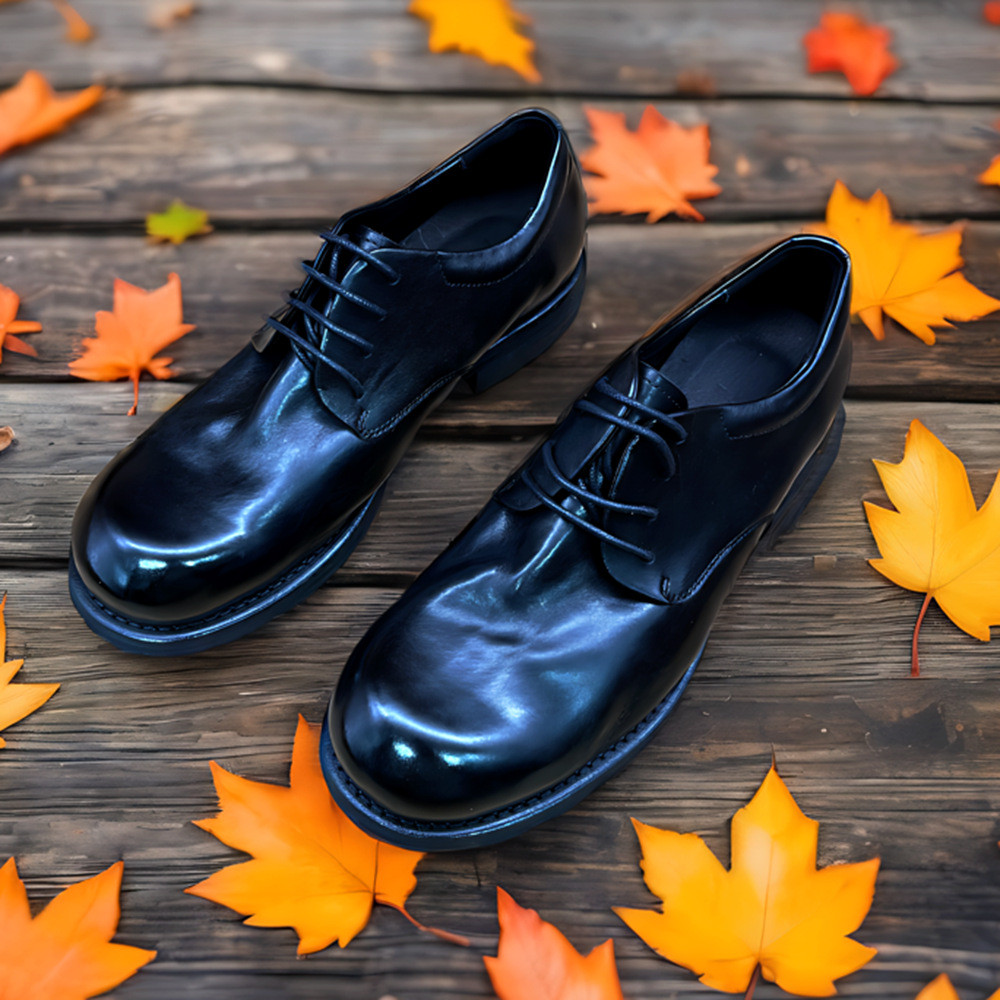 sepatu kulitSepatu Derby Kasual Bisnis Kulit Kuda Vintage yang Dicuci dengan Ujung Besar Sepatu Kuli