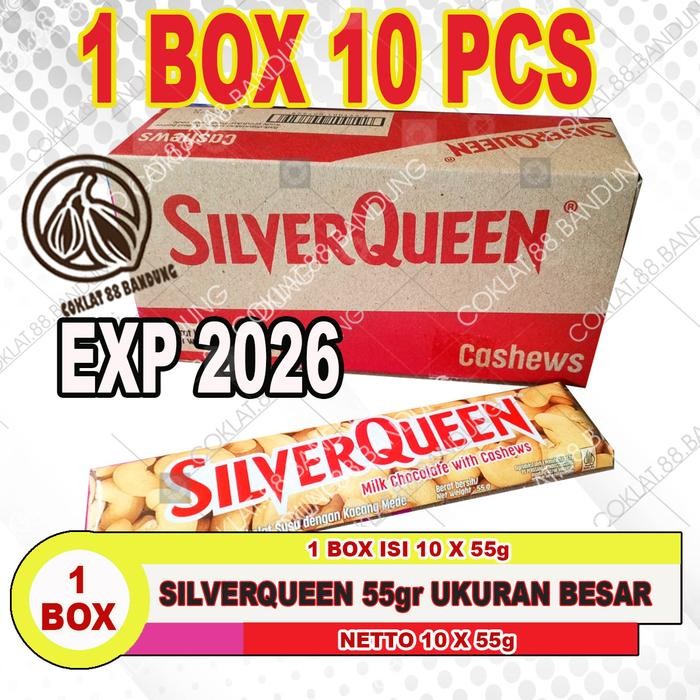 

SilverQueen 55gr 1 Box Isi 10 – Coklat Rasa Almond Mede, Kemasan Spesial 5 Pak @2pcs Coklat Makanan - 10 CASHEW/MEDE