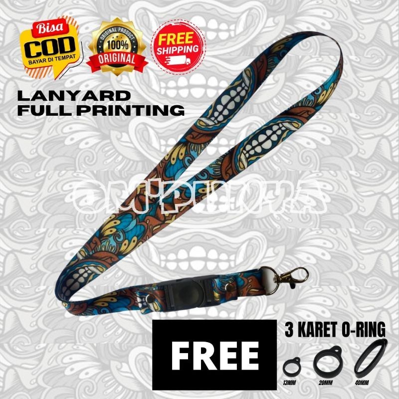 

Lanyard Gantungan Bonus 3 karet Motif BARONG GIGI BIRU Full Printing bolak balik