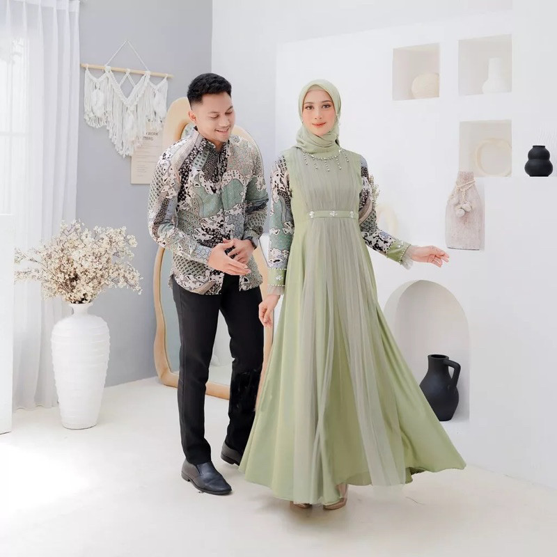 Set Couple Gamis Cantika Sage Green Kemeja Slimfit