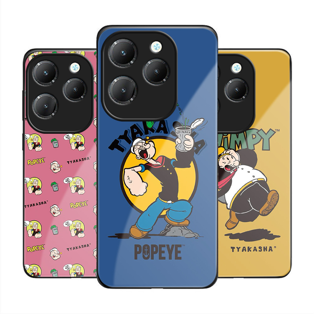 Untuk Infinix Hot 40 40i 30i Luxury Soft Edge Anime Popeye Glossy Casing Tempered Glass Shockproof R