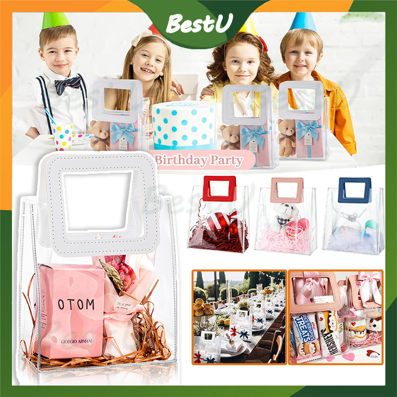 

tas jelly bag mika pvc /Goodie bag ultah wedding/Serbaguna Goodie Bag Handle Leather/extra tebal tas mika souvenir handle kulit pvc transparan bening