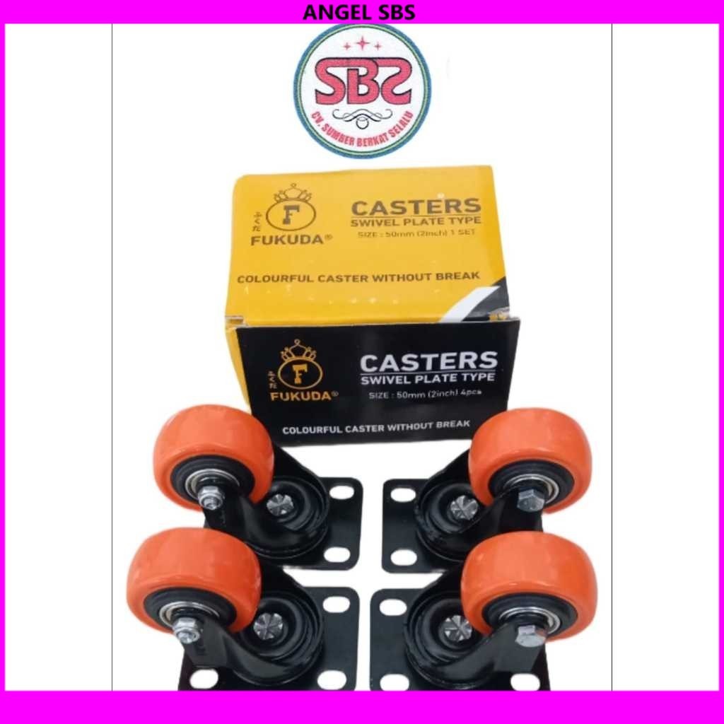 FUKUDA Roda Kastor 2 Inch ORANGE TEBAL Hidup TANPA REM / Castor Swifel Plate Etalase Troli PER SET -