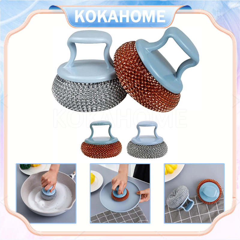 sikat bulat multifungsi dengan gagang almunium sabut serabut kawat/spon kawat cuci piring stainless 