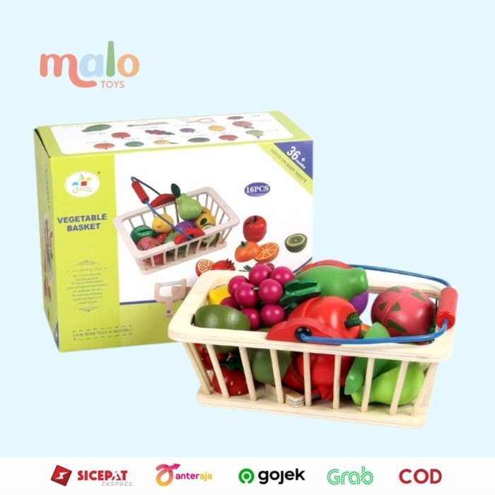 Cutting Wooden Fruits Basket Square Pretend Play Mainan Potong Buah - Fruits Basket