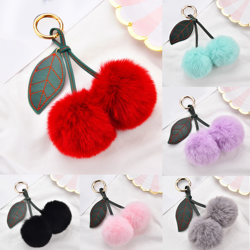 

Fashion New Cute Fluffy Artificial Rabbit Fur Ball Pompom Leaf Keychain Cherry Key Chain Handbag Pendant Car Key Chain Ring