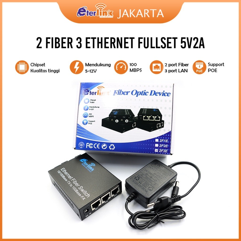 Media Konverter Fiber Optik Single Mode 2F3E Fullset