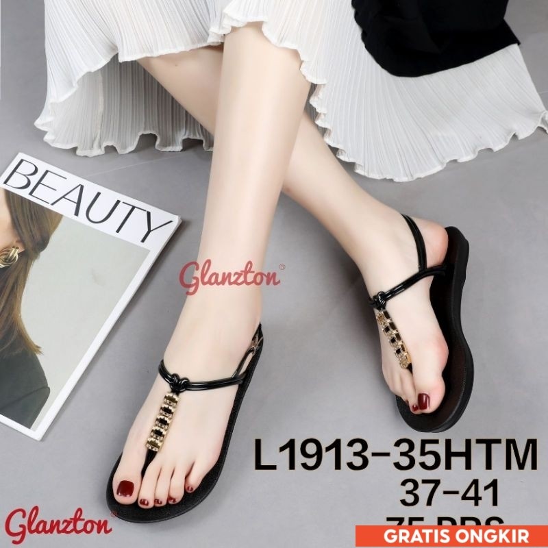 L1913-35HTM Sandal Glanzton Tali Belakang Hitam Chrome Terbaru Wanita Jepit Karet Sendal Flat Japit 