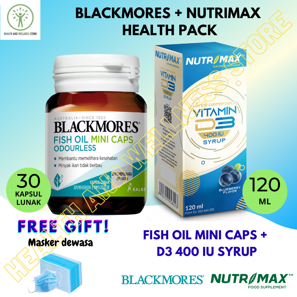 Blackmores Fish Oil Mini Caps Odourless 30 Kapsul Lunak Dan Vitamin D3 400 IU Syrup 120 Ml Paket