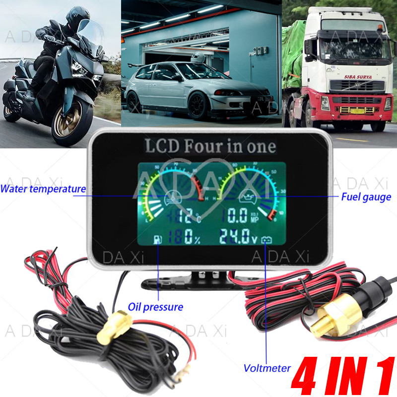 4 in1/3 in1 LCD Pengukur Bahan Bakar Suhu Air Tekanan Minyak Pengukur Digital LCD Mobil / Sepeda Mot
