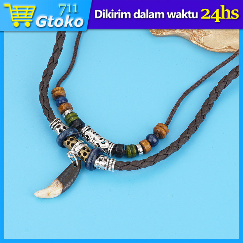 Kalung Liontin Taring Etnik Pria Wanita Vintage Retro Kalung Gigi Serigala