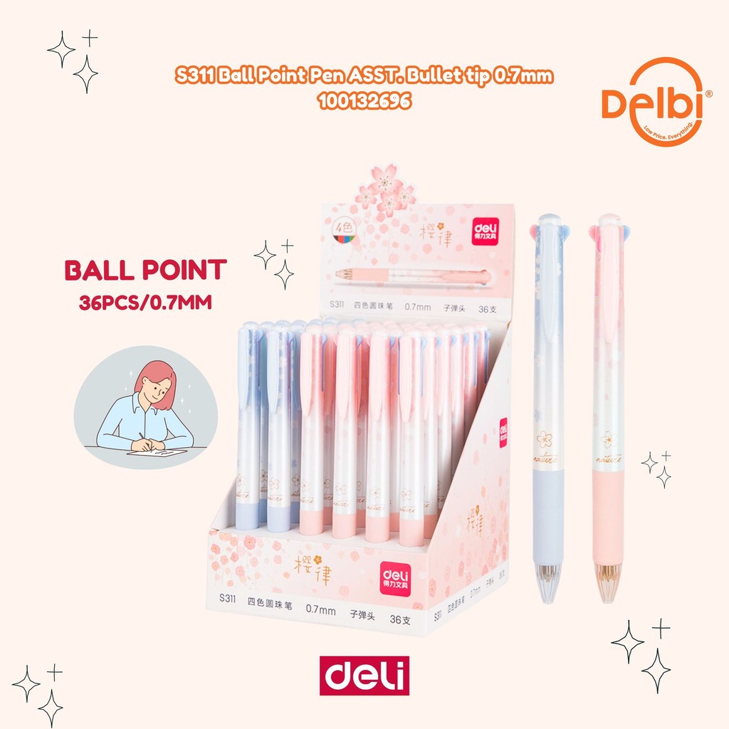 

Deli Pulpen Retractable Sakuraru Series Lucu Bullet tip 0.7mm 4 warna S311 S311 Ball Point Pen ASST. Bullet tip 0.7mm