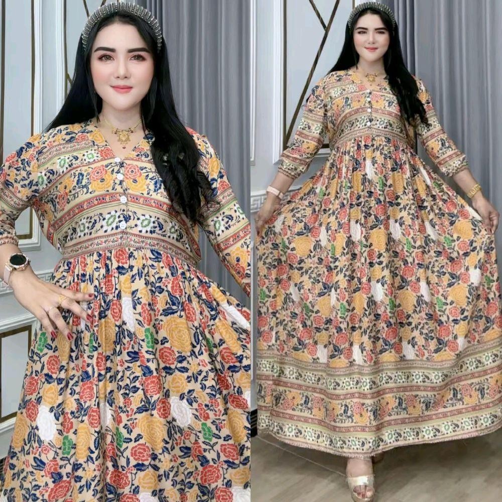 Baju Wanita Casandra Lian Katun Rayon – Dress Kancing Depan, Busui, Tali Pinggang, Lengan 7/8