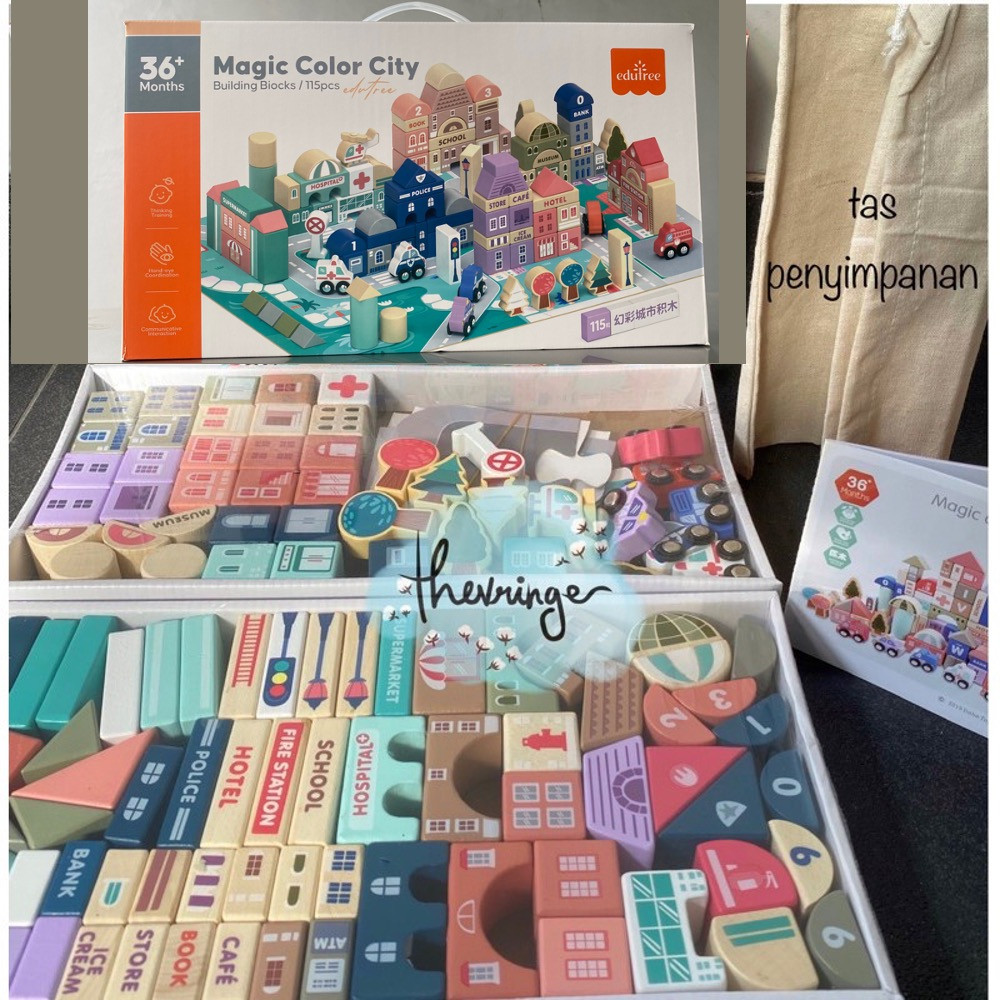 JAMIN MURAH MAGIC COLOR CITY BUILDING BLOCKS URBAN PASTEL 115 PCS block kayu mainan anak balok 115PC