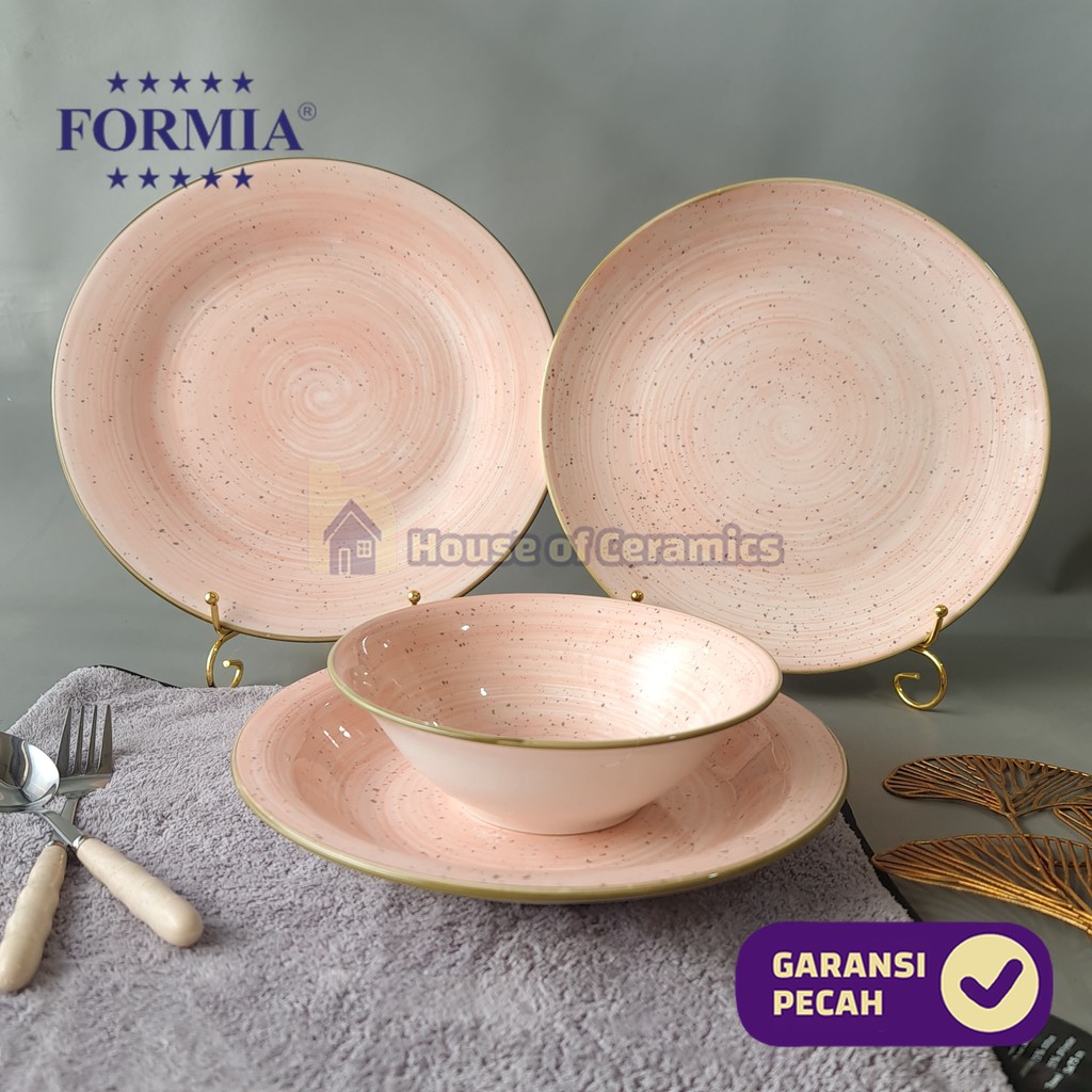 FORMIA Piring Mangkok Keramik Nara Pink Cantik Aesthetic Bermotif Simple