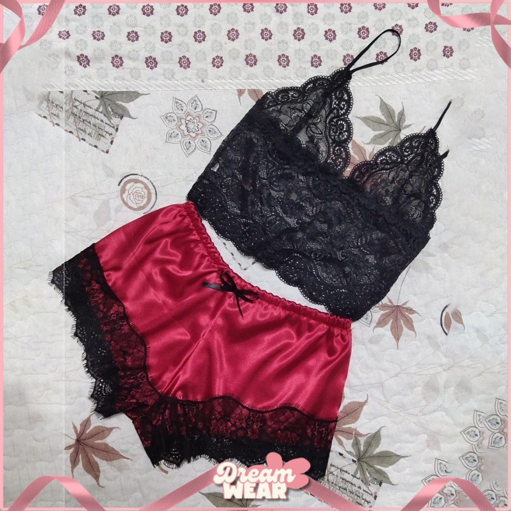 Baju Tidur Wanita Set Celana Pendek Wanita + Tank Top Renda Berwarna Hitam Motif Flora Polosan Warna