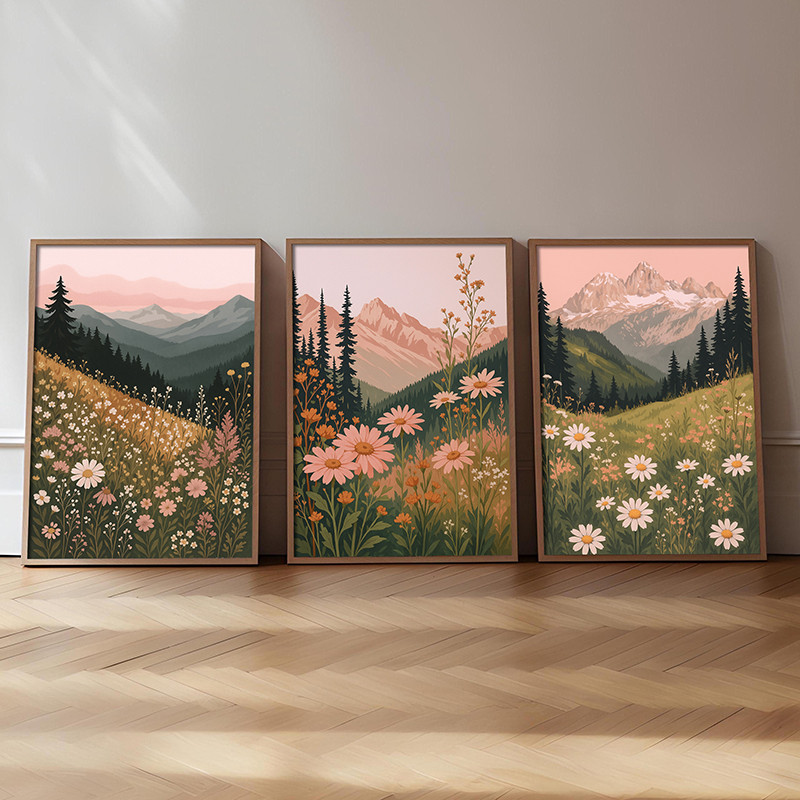 

Boho Mountain Sunset Gallery Wall Print Wildflower Landscape Poster Meadow Landscape Posters for Living Room or Bedroom Decor