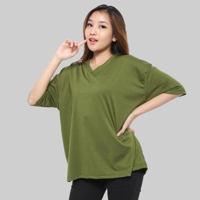 Monellina V.PDK Kaos Oversize Wanita Lengan Pendek V-Neck Polos - Army, L