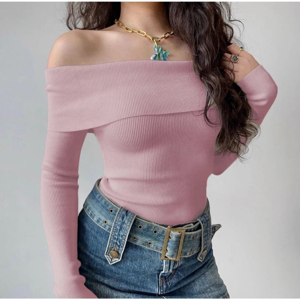 KEKINIAN - ZJD BLOUSE RIYA SABRINA BASIC LENGAN PANJANG OFF SHOULDER KEKINIAN / SABRINA Top Rib Leng