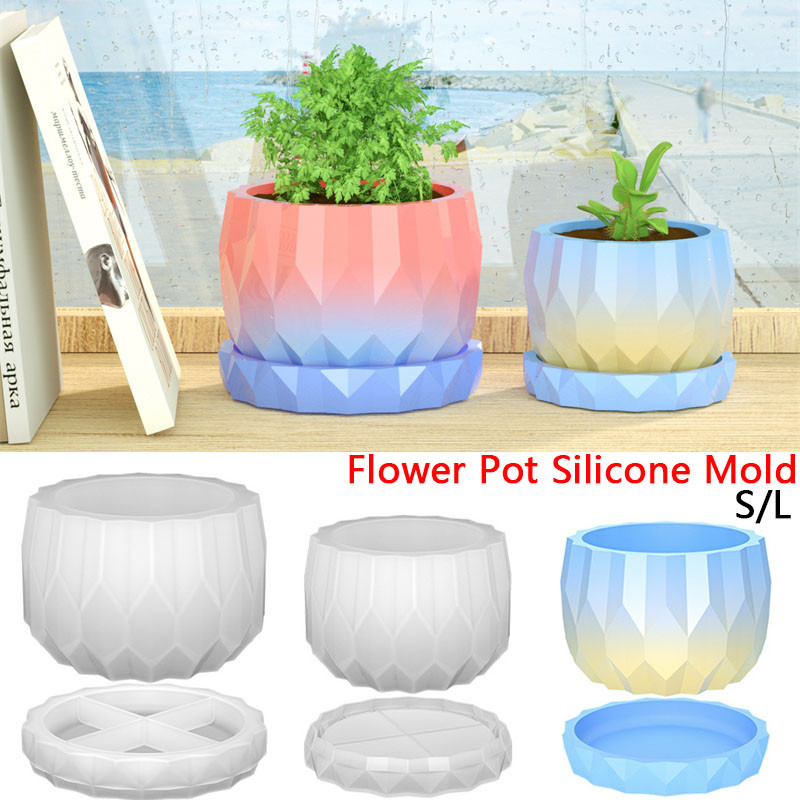 

1 Set Silicone Planter Molds For Concrete Flower Pot And Saucer DIY Diamond Shaped Faceted Vase Silicone Molds Garden Decoration