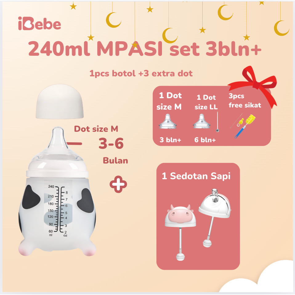 NEW { buy2get7 }3bln+MPASI set 240/ 330 hitam ibebe MooMoo 2.0 ultra soft 4in1 silicon Botol Susu Ba