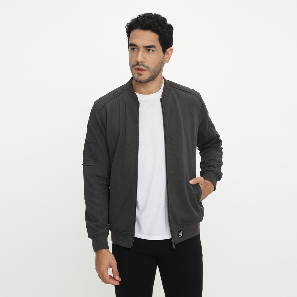 d&f Jaket Pria Unisex Bomber Casual Rib Tulang - Abu Tua