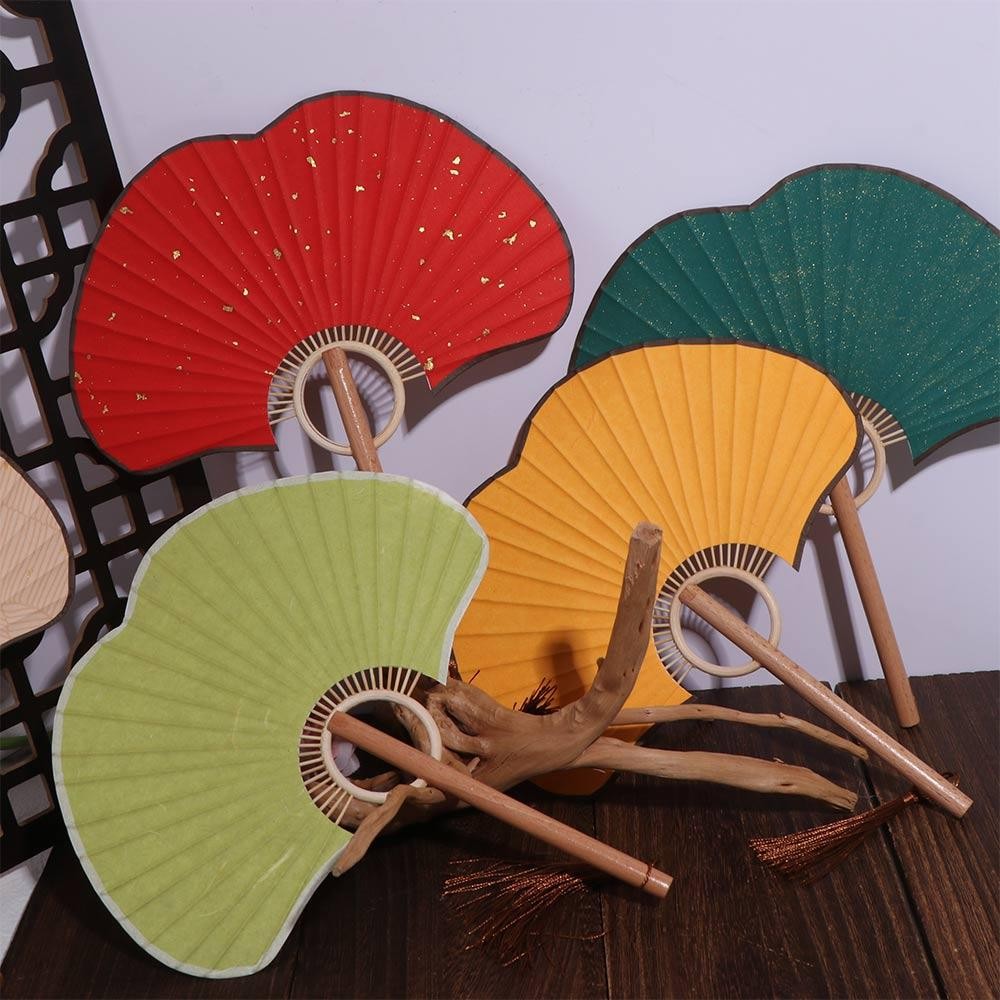 

Crafts Double-sided Ginkgo Round Fan Exquisite Vintage Rice Paper Fan Portable Chinese Round Fan Calligraphy Painting