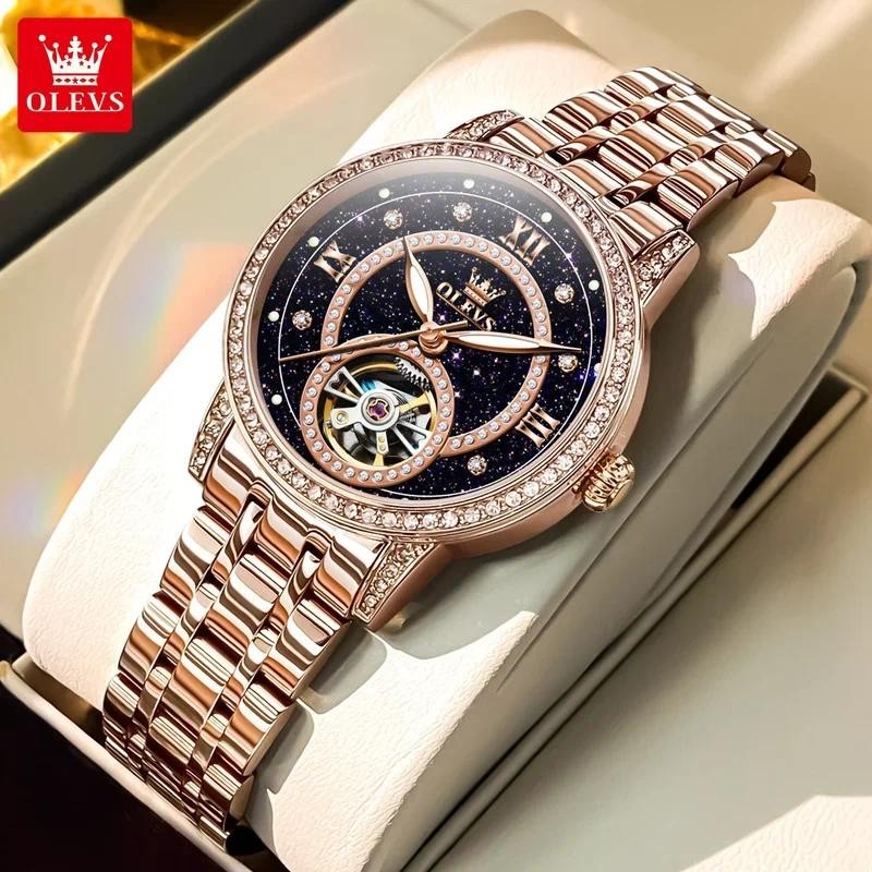 OLEVS Hollow Women's Watch Fully Automatic Mechanical Watch Luxury Diamond Inlaid Starry Sky Elegant