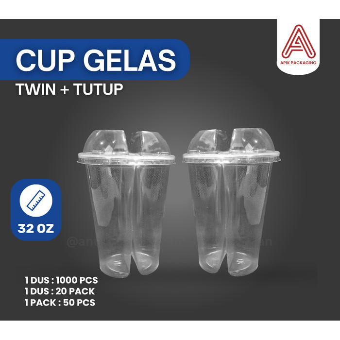 GELAS PLASTIK 2 SKAT DAN TUTUP UKURAN 32 OZ 1 PACK ISI 50 PCS / Gelas Twin Cup 32 OZ