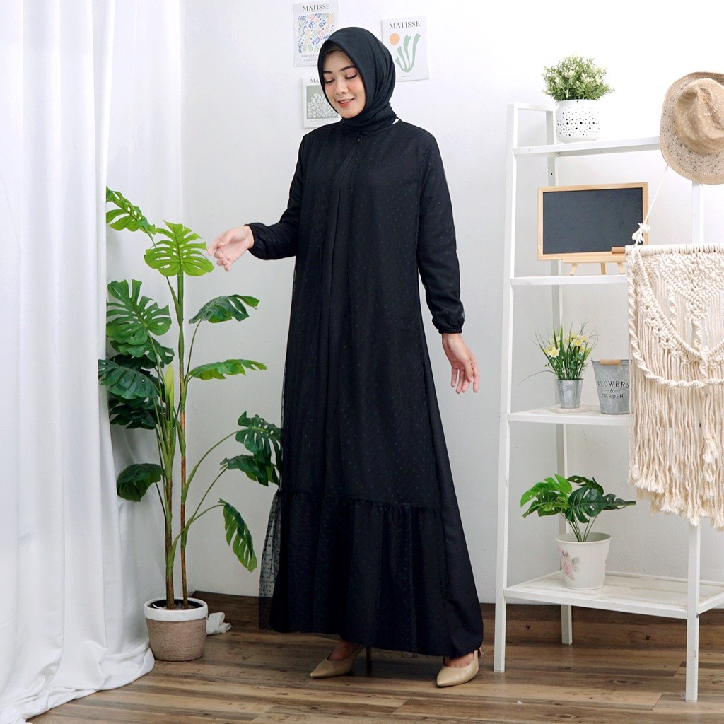 Haliya Tile Dotty Gamis Dress Mosscrepe Mix Tille Dot Maxi Dres Muslim Lebaran Pesta Kondangan Murah