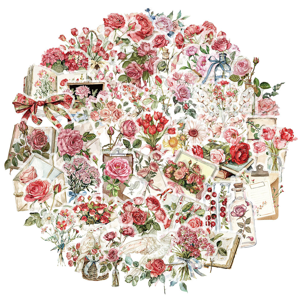 

50PCS Small Fresh Flower Room Time Flower and Letter Flower Plant Plastic Stickers Bookkeeping Material Decorative Stickers