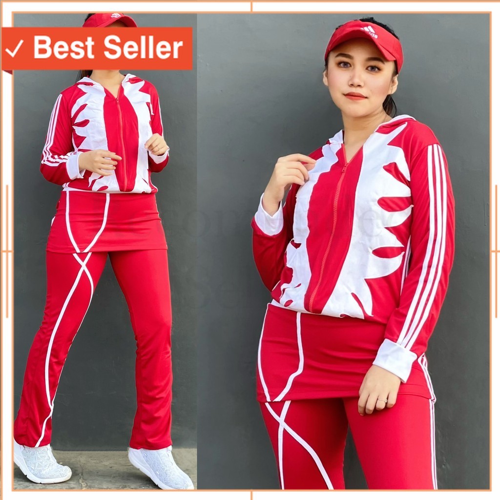 Baju Agustusan Murah / Setelan Baju Senam Lapangan Cakar Panjang Merah Putih  Hijab Cycling Olahraga