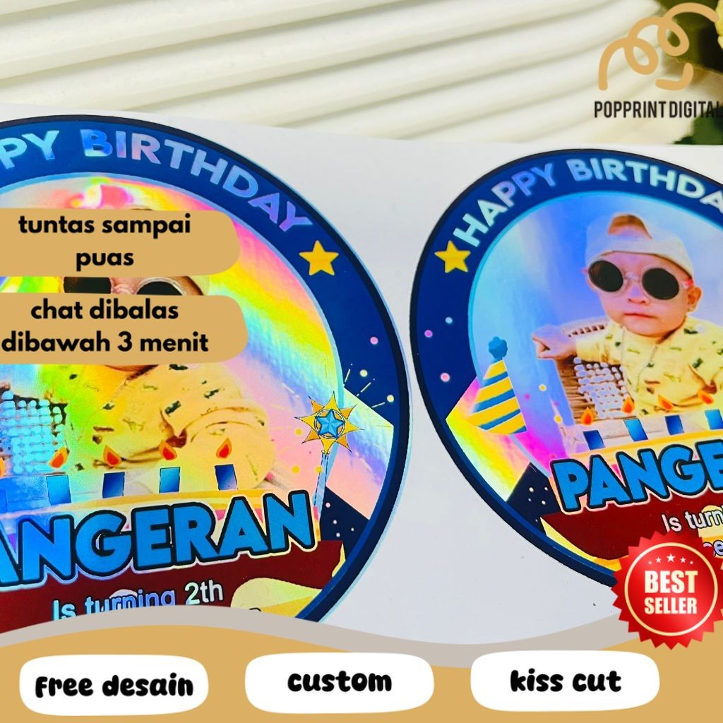 

PpD 9-15 Sticker Ulang Tahun Anak Hologram Anti Air Stiker Label Undangan Happy Birthday Besar