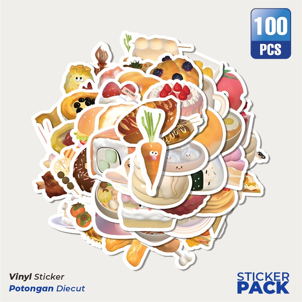 

Super Hemat! 100 PCS Stiker Cute Cartoon 3D Food [Makanan 3D Kartun Lucu] Waterproof Aesthetic- Untuk Laptop, Motor, dan Helm - Paper Stationery Pack