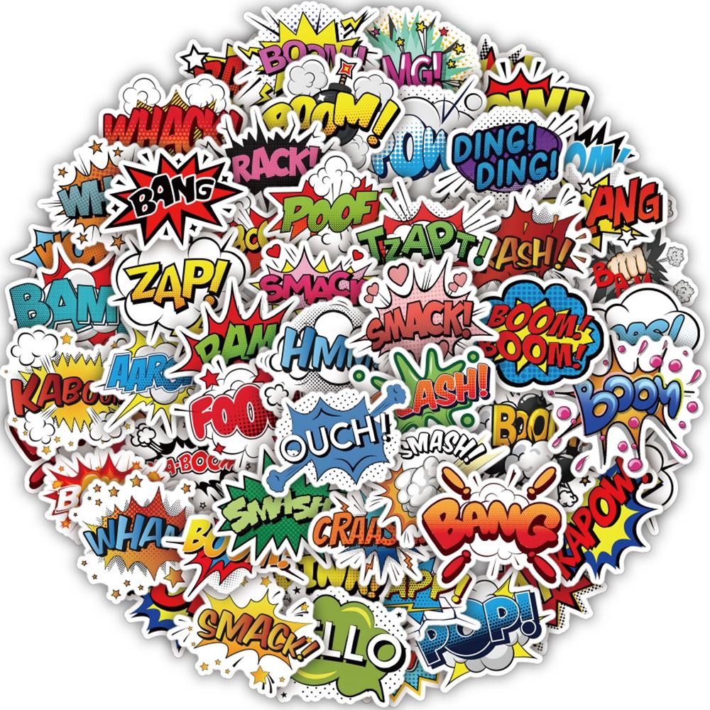 

50PCS Cartoon Oops Omg Bam Pow Wow Boom Bang Explosion Cloud Style Anime Slogan Sticker Phone Laptop Luggage Skateboard