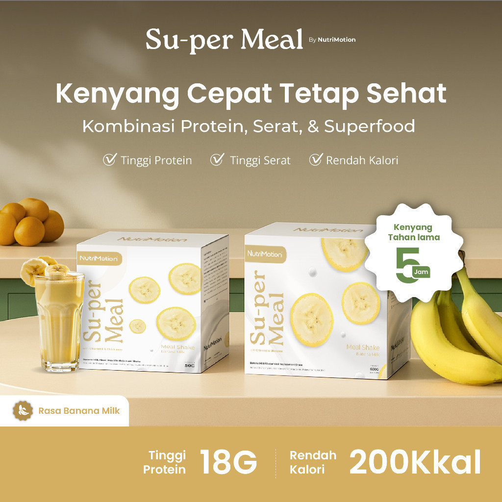 

NutriMotion Su-per Meal Banana Milk 1 Box | Meal Replacement dengan Superfood Kenyang Tahan Lama