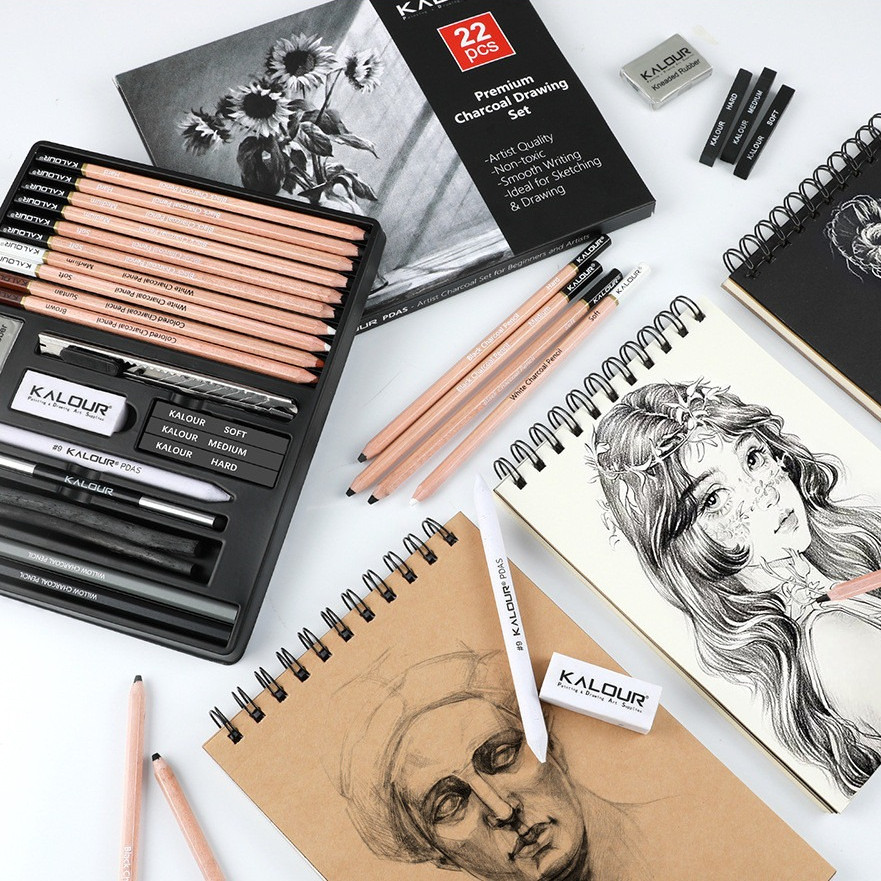 

KALOUR 22 Pcs Set Alat Menggambar Pensil Sketsa Pensil Arang Perlengkapan Lukis untuk Pemula Profesional