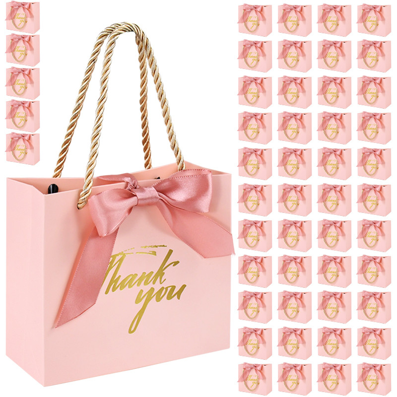 

20/30/50pcs Thank You Gift Bags Reusable Paper Party Bags with Handles Gold Bow Ribbon Mini Pink Party Favor Bags for Birthday