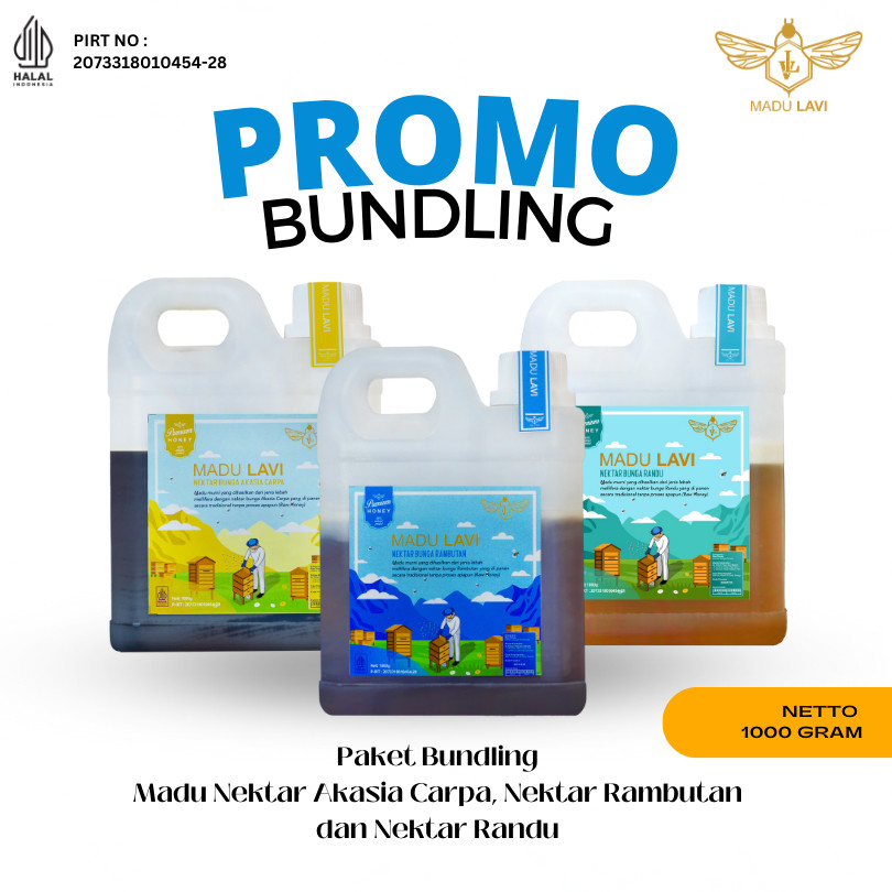 

Paket Bundling madu akasia carpa, nektar bunga randu dan madu nektar rambutan kemasan 1kg