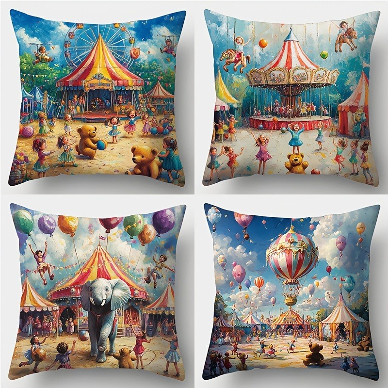 Happy Circus Throw Pillow Covers, Elephant Hot Air Balloon Pattern Cushion Covers, No Insert