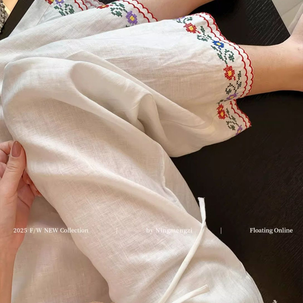 25-12815 Celana Wanita. Women's Flower Embroidered Straight Hemp Casual Pants