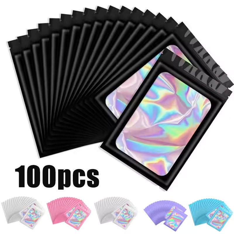 

100Pcs Holographic Ziplock Bags Plastic Laser Iridescent Zip Bags for Manicure Eyelash Display Earrings Ring Jewelry Storage Bag