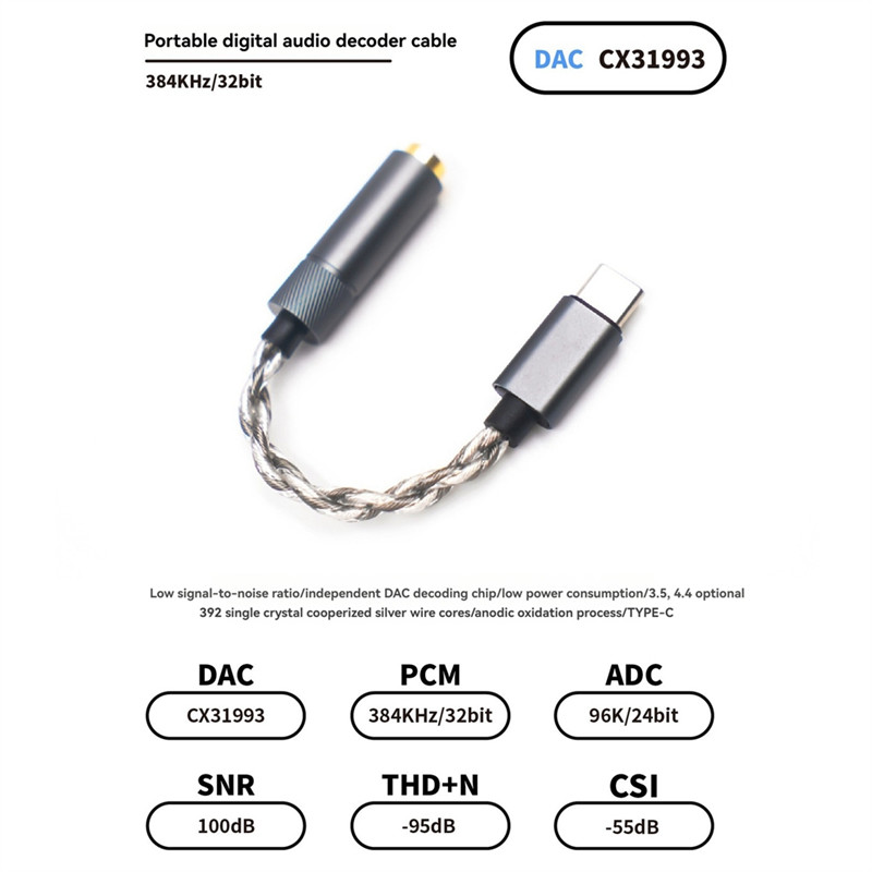Type C Headphone Adapter CX31993 32Bit 384Khz Audio Decoding Cable Type C To 3.5Mm DAC Amp Adapter-A