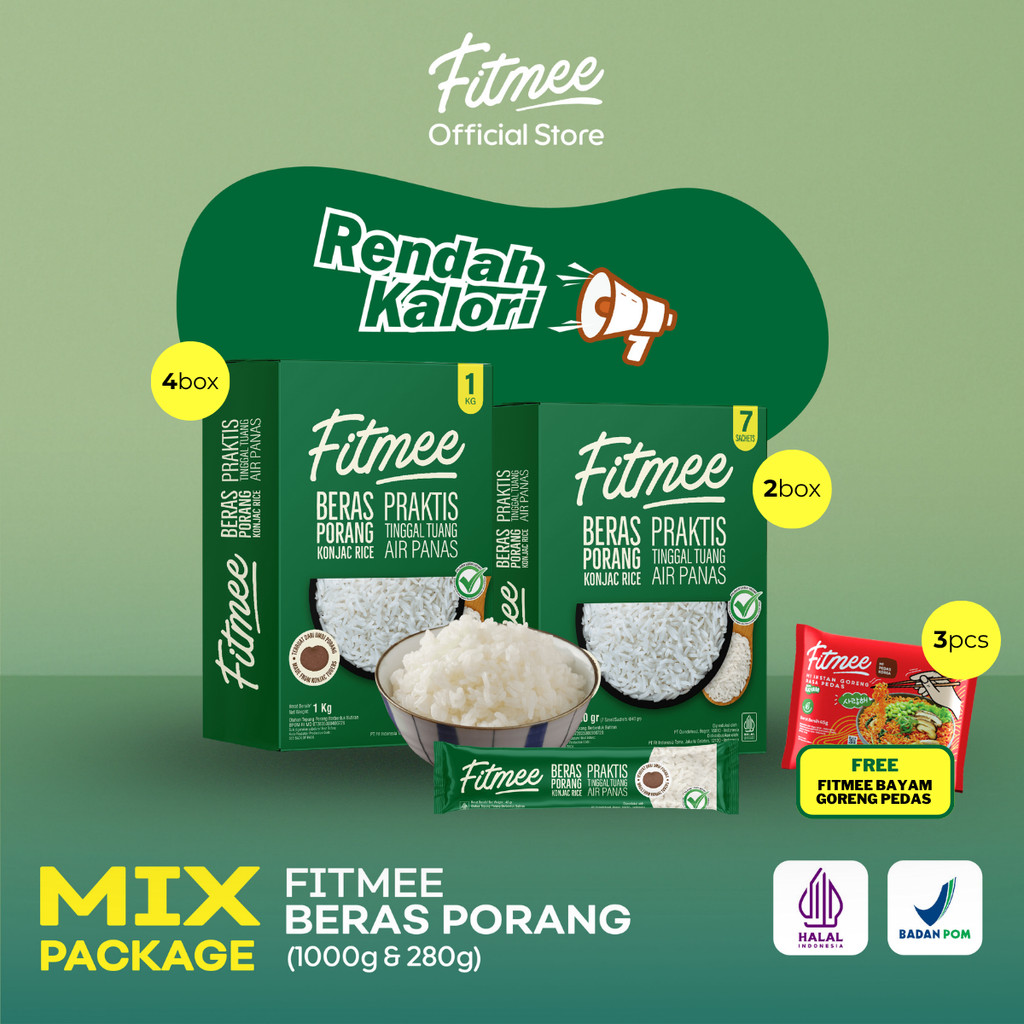 

Fitmee Happy Bundle - 4 Box 1 kg & 2 Box Sachet Beras Porang free 3 Fitmee Mie Bayam Goreng Pedas 65 Gr