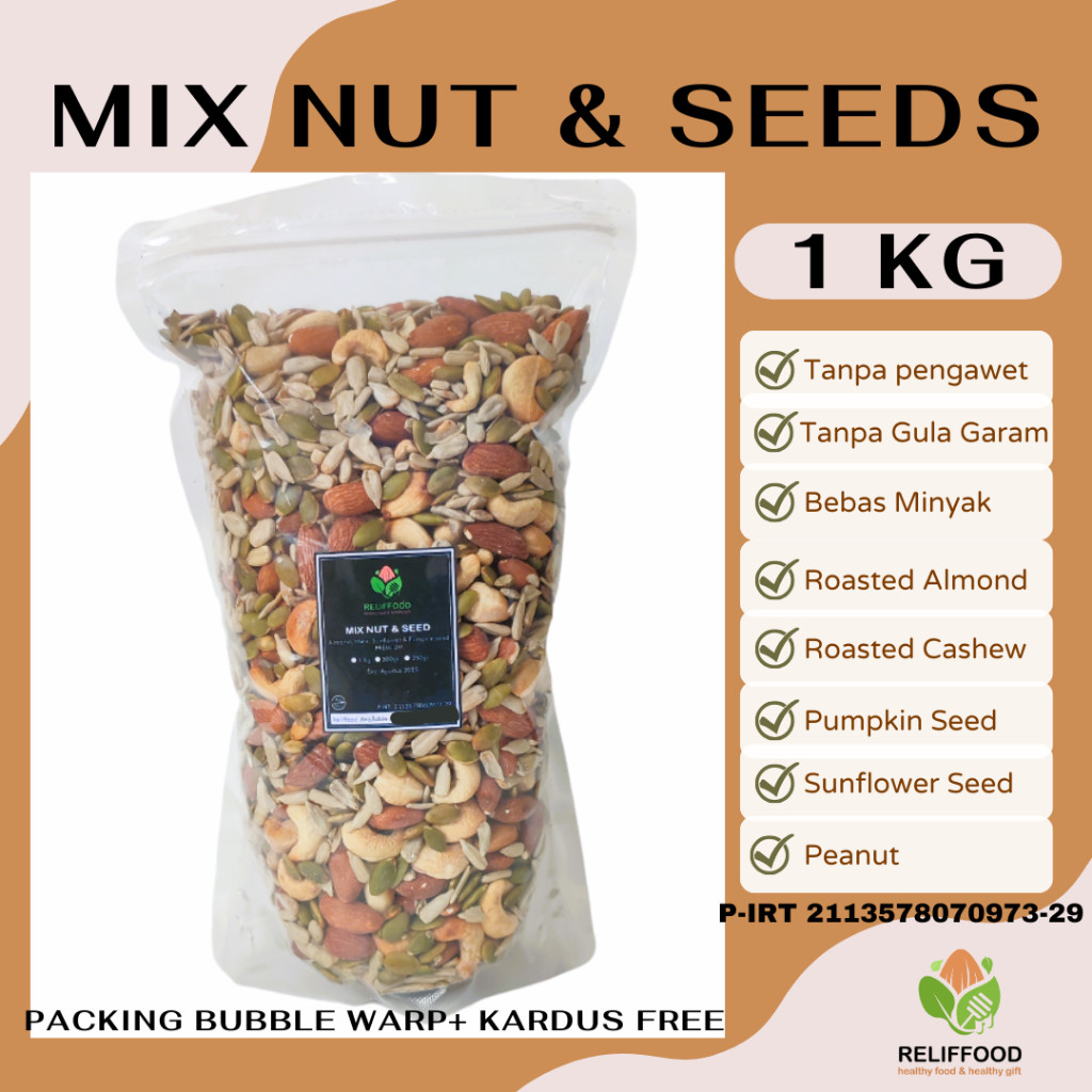 

TRAIL MIX NUT & SEEDS 1 KG PREMIUM 5 VARIAN - ALMOND METE MEDE BIJI BUNGA MATAHARI PUMPKIN
