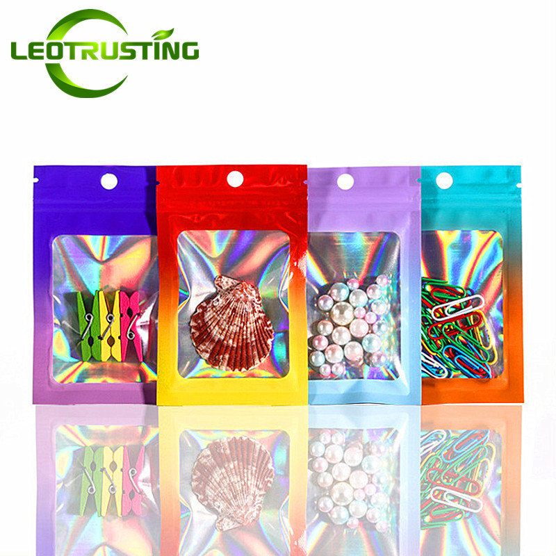 

100PCS Hologram Gradient Aluminum Foil Ziplock Window Bag DIY Matcha Cocoa Holographic Jewelry Tea Snack Gifts Packaging Pouches