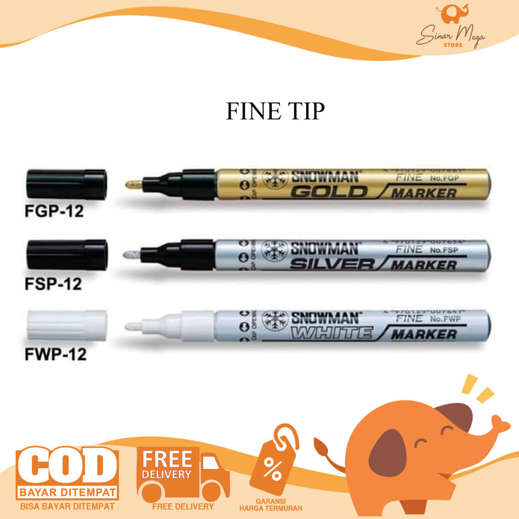 

Snowman Permanent Paint Marker F (Gold, Silver & White FINE TIP) Spidol Permanen Murah Berkualitas