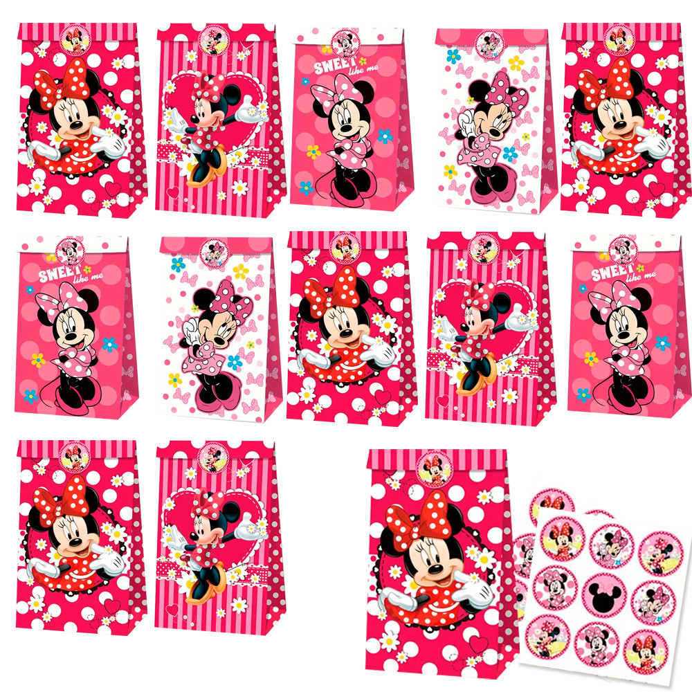 

12pcs/24pcs, Disney Minnie Mickey Mouse party bags, perfect for stuffing candy and decorations, suitable for celebratory parties