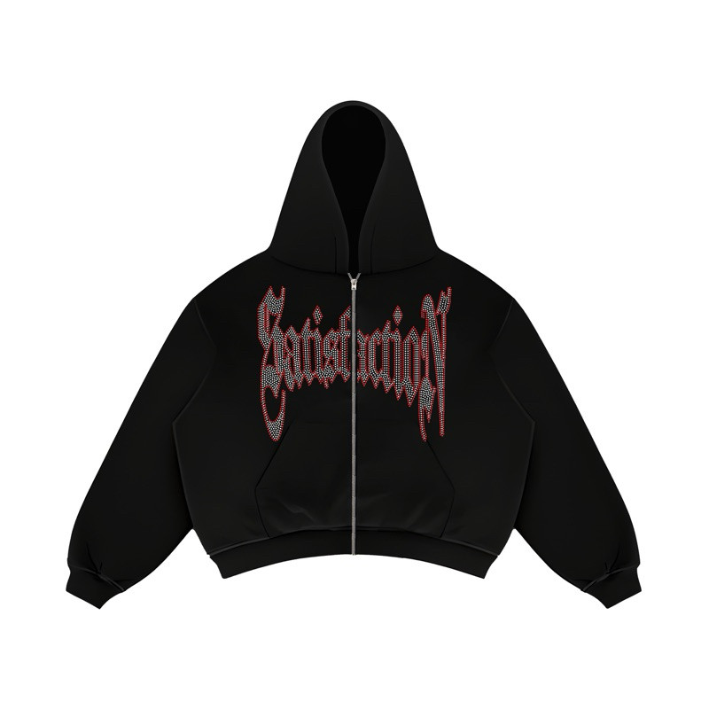 Satisfaction Hoodie Zipper Boxy 375GSM Rhinestone BLEACH Black